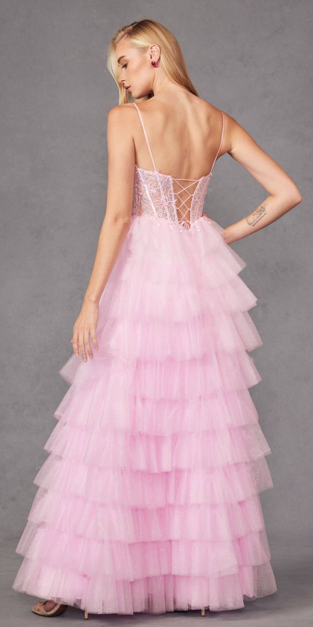 Juliet JT2458A Long Ruffle Tulle A-Line Ball Gown Bustier Bodice Thin Straps