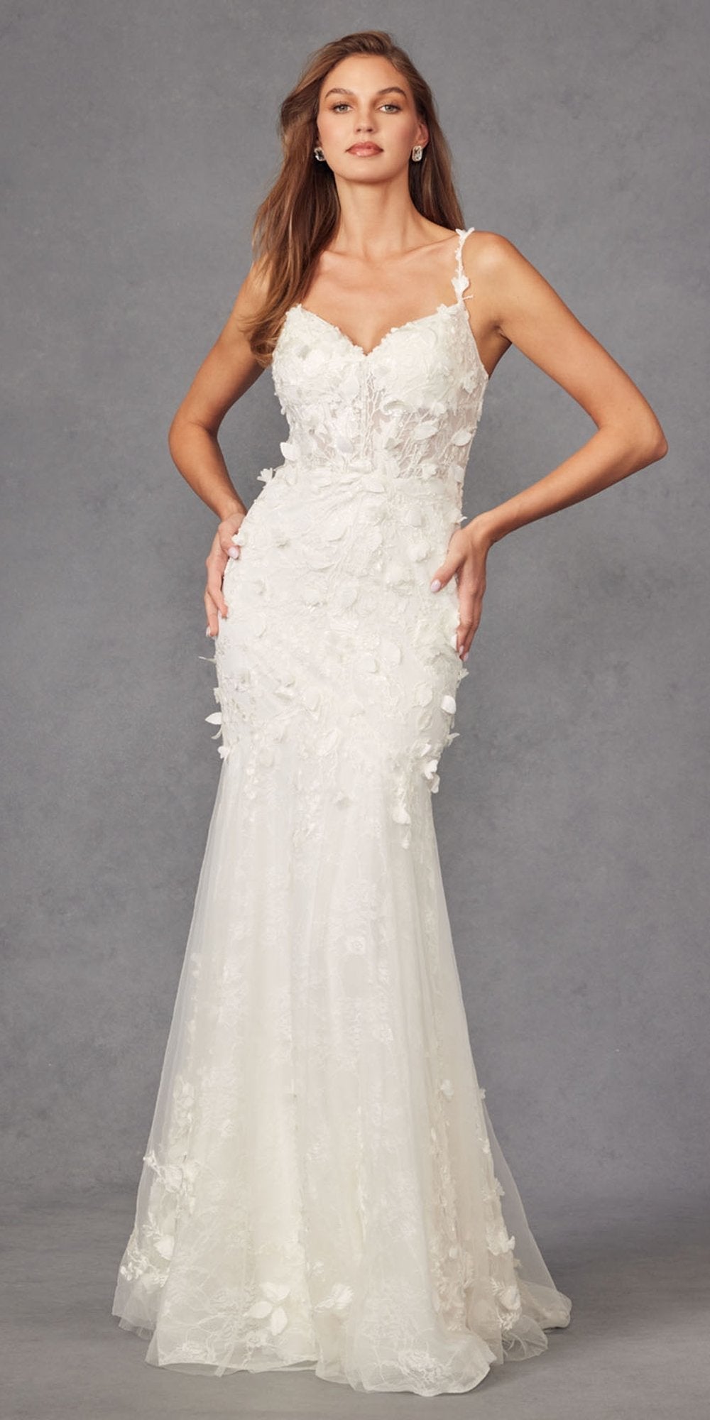 Juliet JT2475UW Long 3D Floral Applique Fitted Mermaid Gown