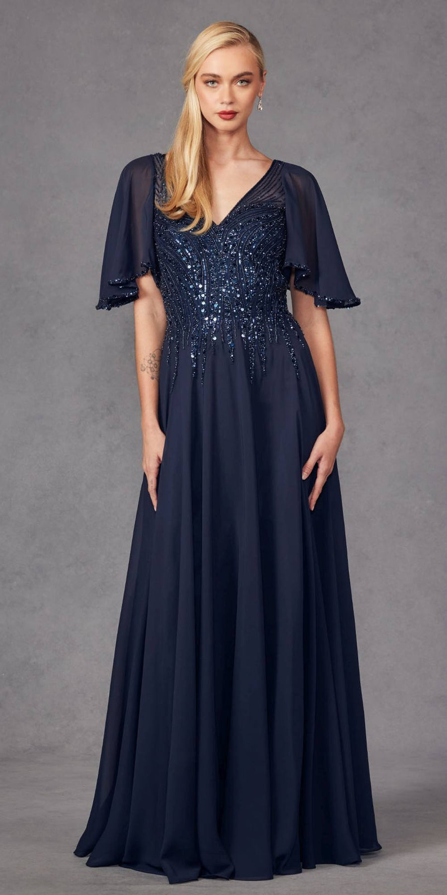 Juliet JTM14F Long A-Line Flutter Mid-Length Sleeve Evening Gown