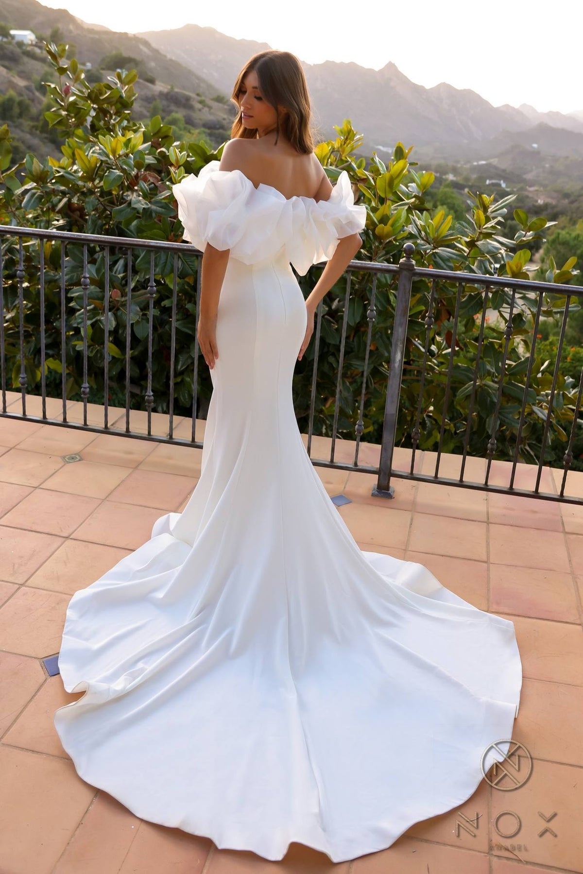 Nox Anabel JW984 Long Ruffled Off Shoulder Bridal Mermaid Gown