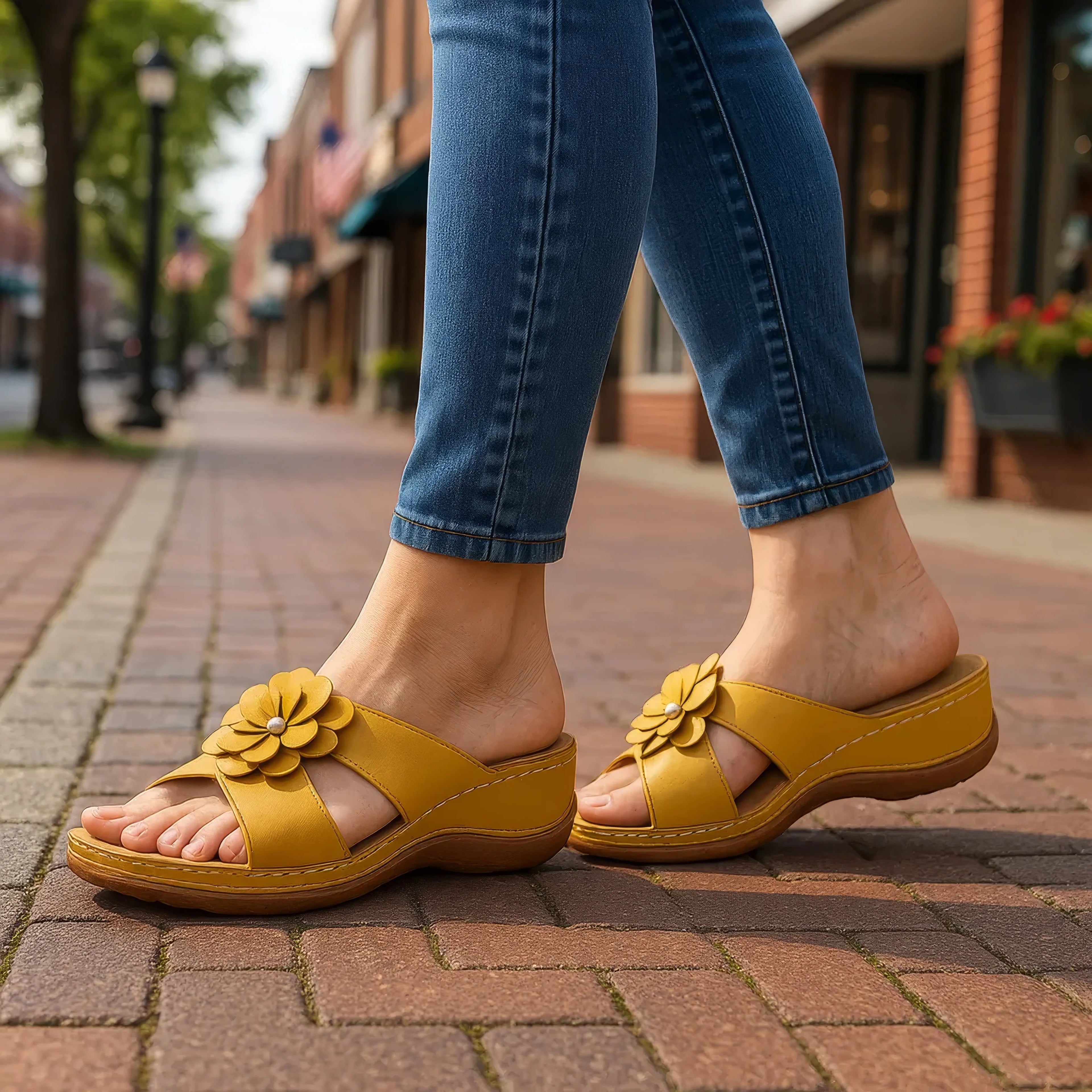 Women's Joy Yellow Flower Flat Sandals