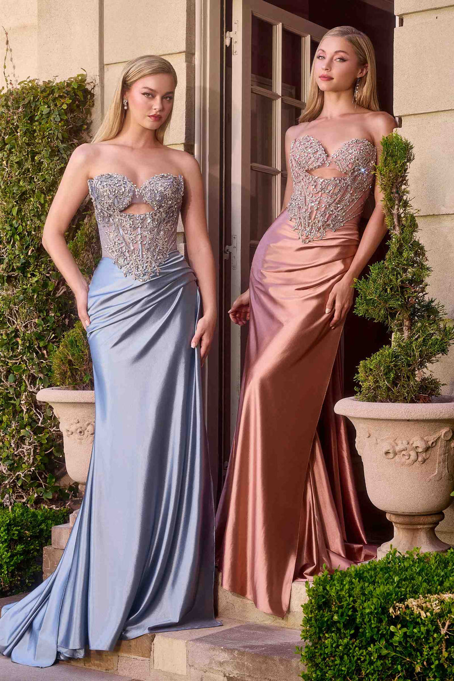 Ladivine KV1135 Strapless Sweetheart Bead and Crystal Satin Evening Gown