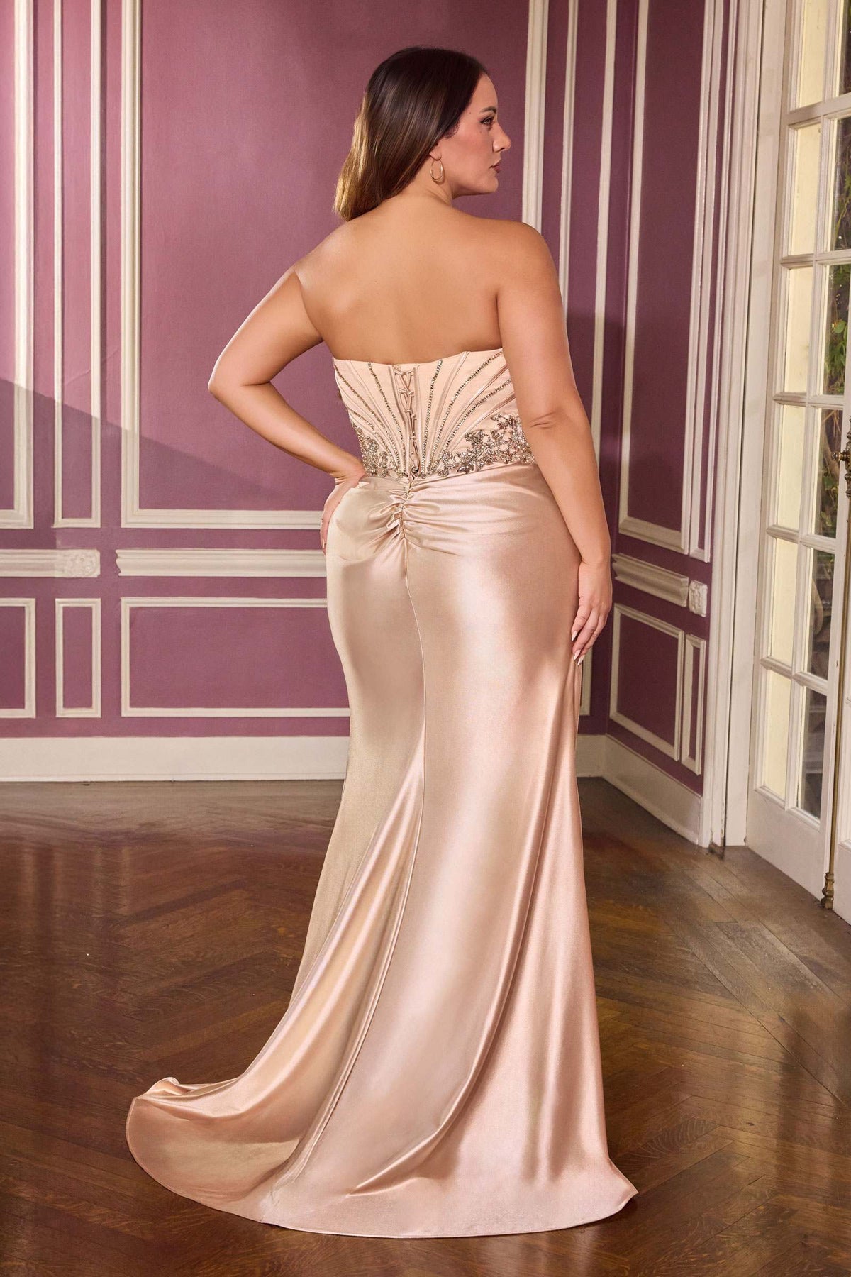 Ladivine KV1136C Strapless Sweetheart Draped Satin Fitted Plus Size Gown