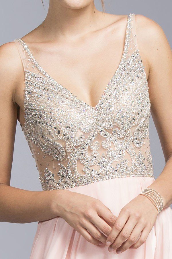 CLEARANCE - Aspeed USA 2055 Illusion Bodice Beaded Long Dress V-Neck (Size XXS)