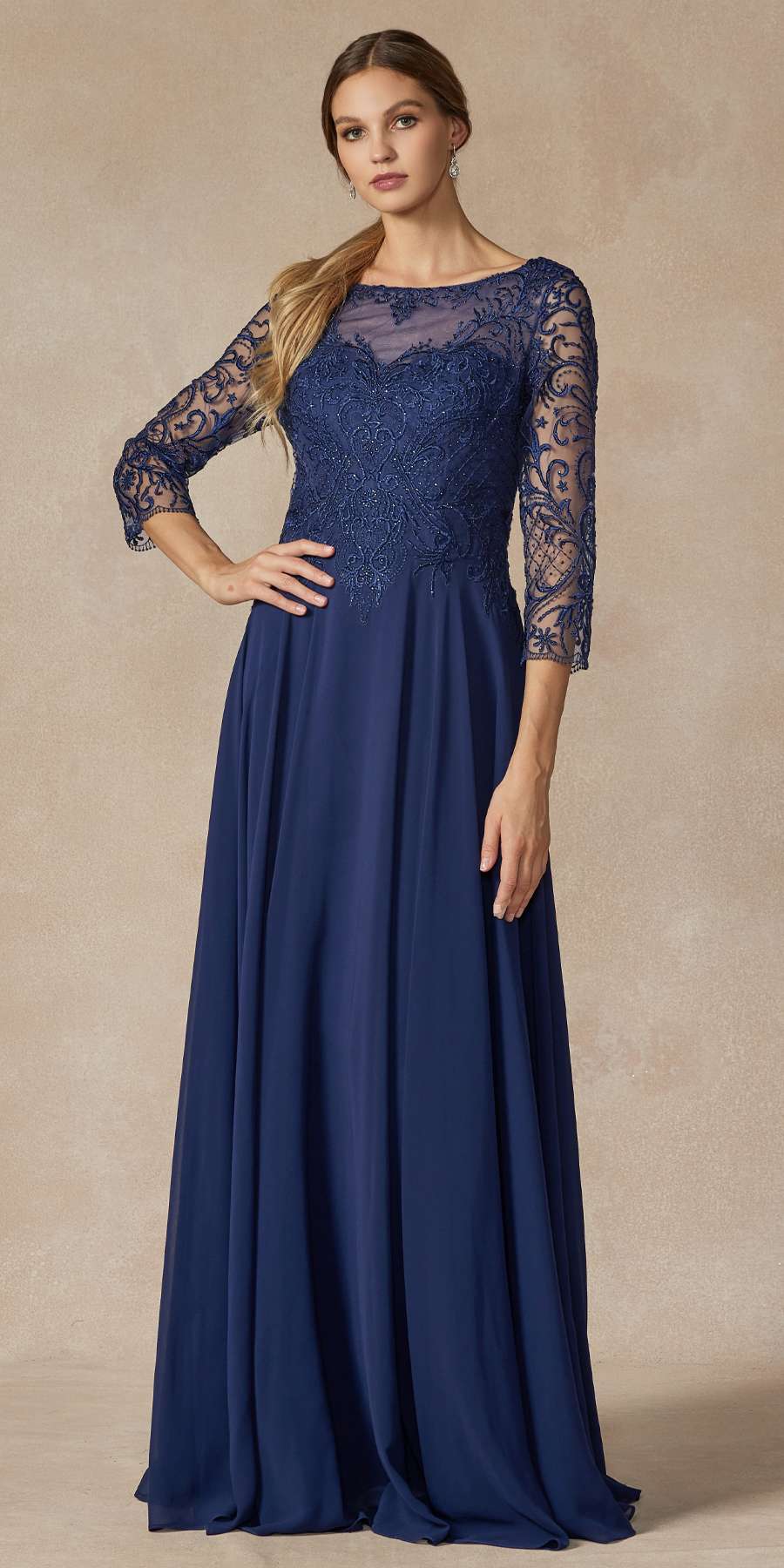 Juliet M11 Appliqued Long A-Line Dress Chiffon Quarter Sleeves