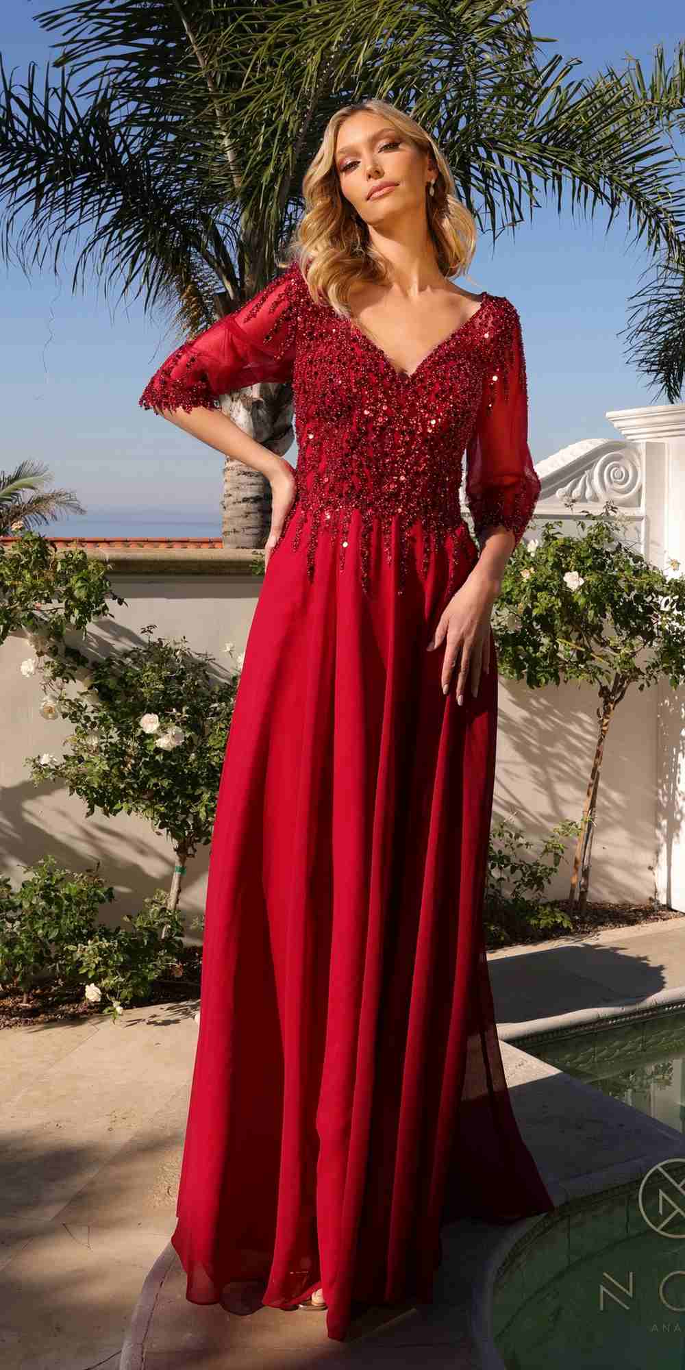 Nox Anabel MF100 Long Sequin Bodice 3/4 Sleeve A-line Gown