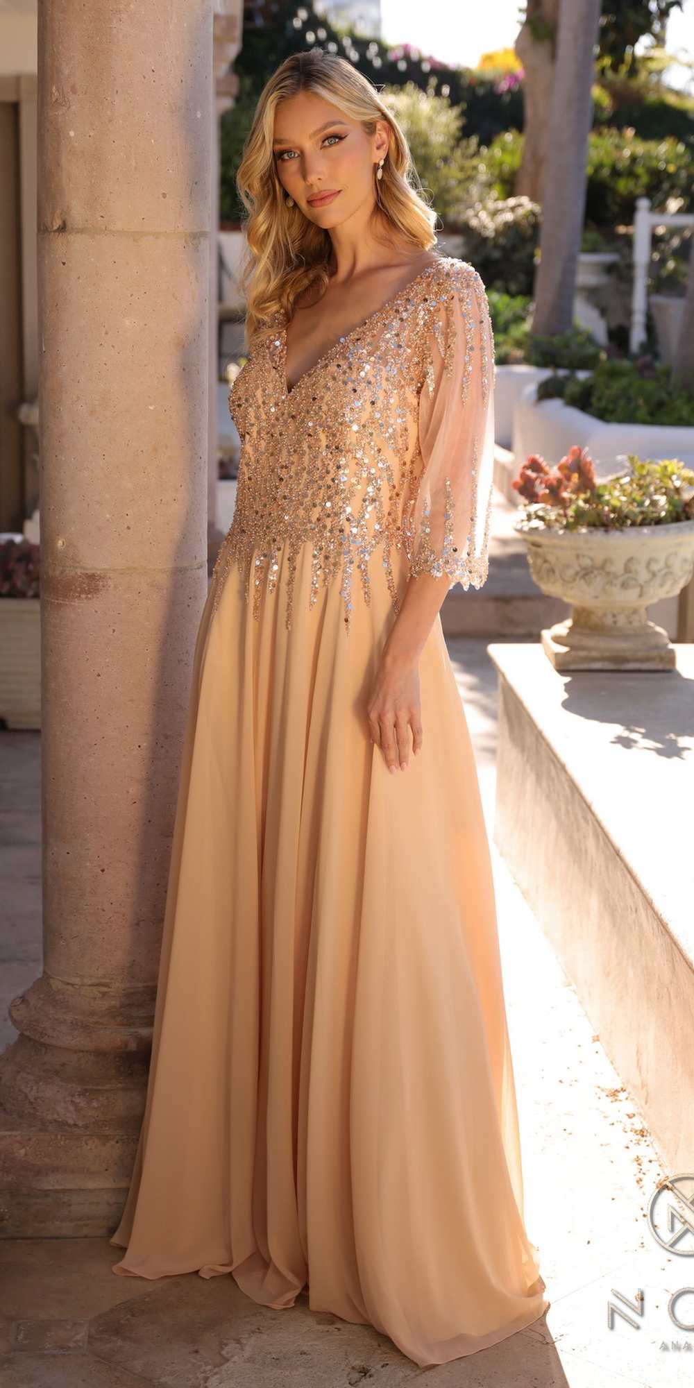 Nox Anabel MF100 Long Sequin Bodice 3/4 Sleeve A-line Gown