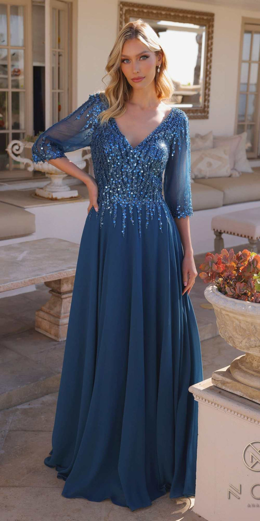 Nox Anabel MF100 Long Sequin Bodice 3/4 Sleeve A-line Gown