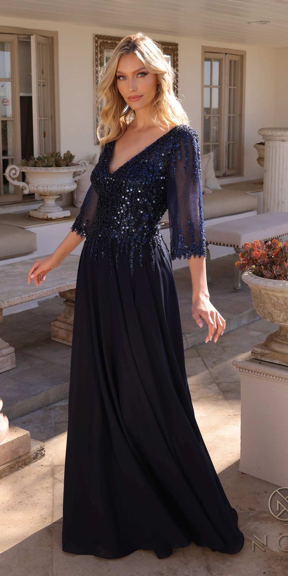 Nox Anabel MF100 Long Sequin Bodice 3/4 Sleeve A-line Gown