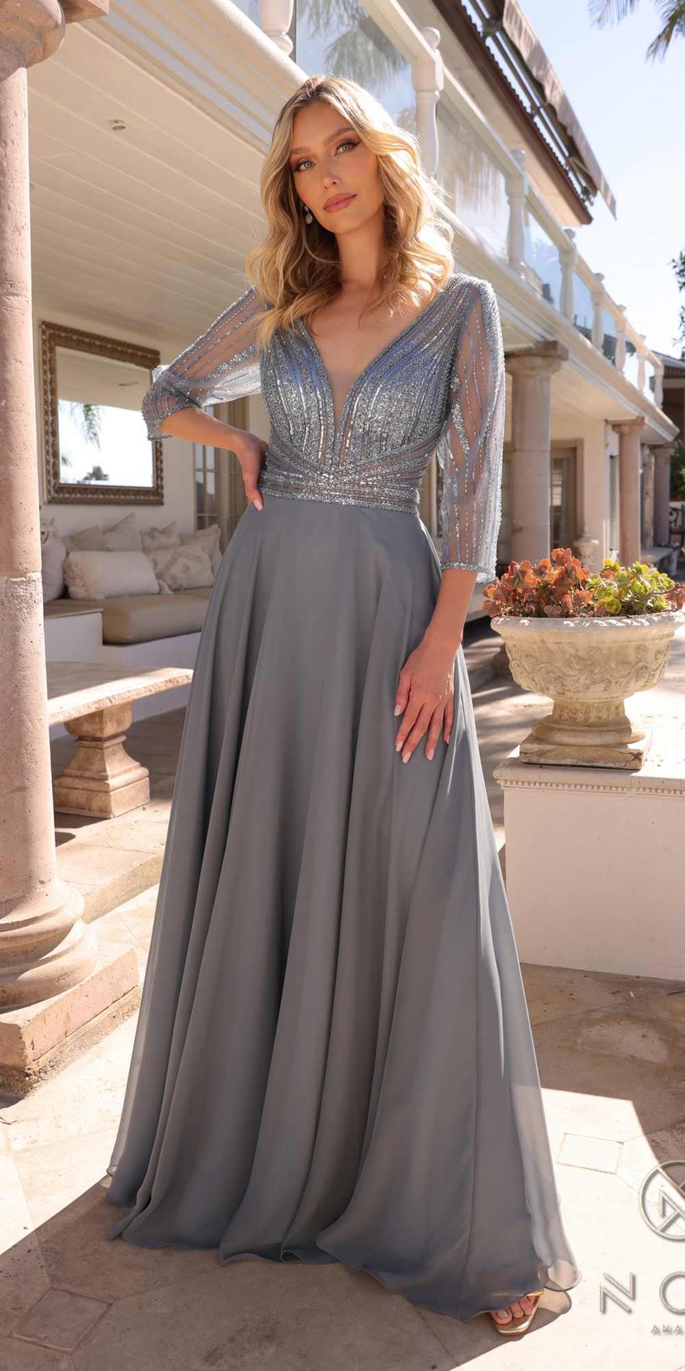 Nox Anabel MF101 Long V-Neck Embellished Bodice 3/4 Sleeve A-line Gown