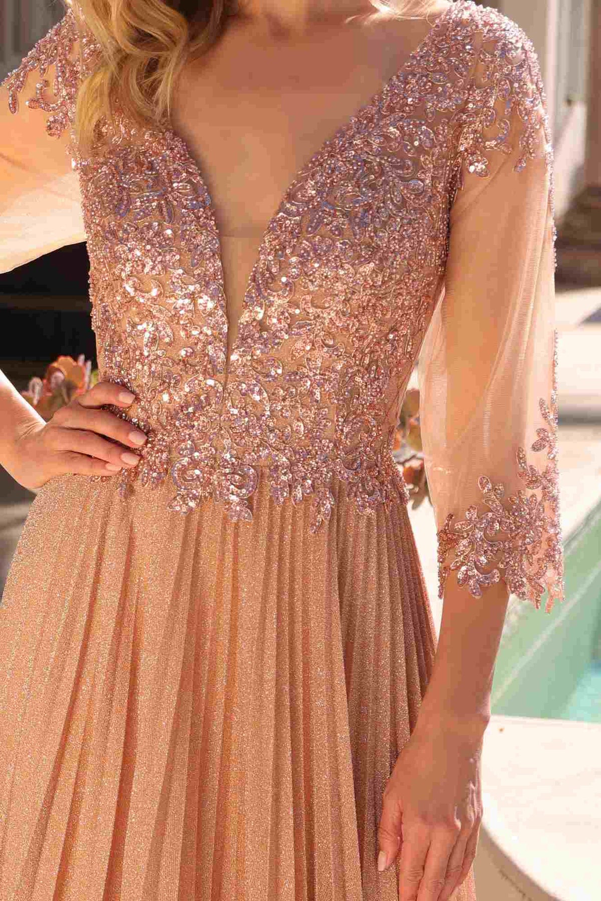 Nox Anabel MF102 Long Applique 3/4 Sleeve Pleated A-line Glitter Gown