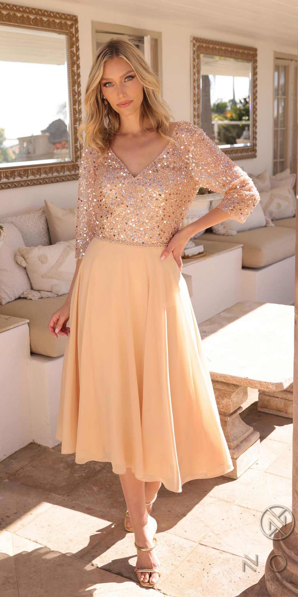 Nox Anabel MF104 Tea Length Sequin Bodice Short 3/4 Sleeve Dress