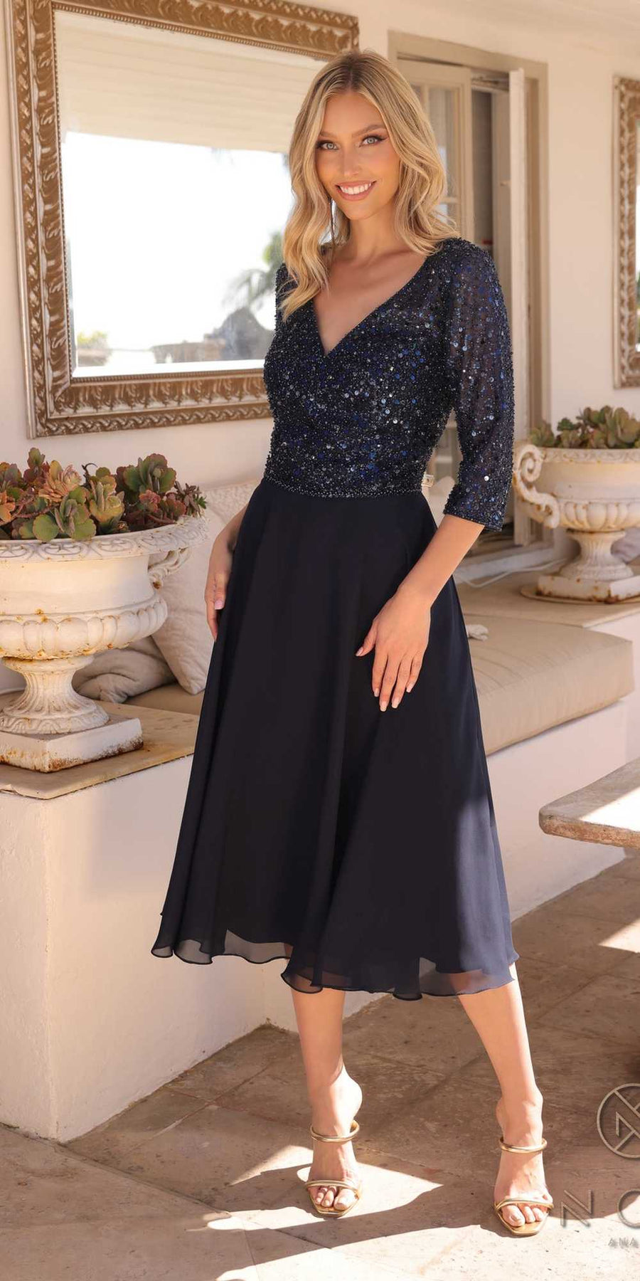 Nox Anabel MF104 Tea Length Sequin Bodice Short 3/4 Sleeve Dress