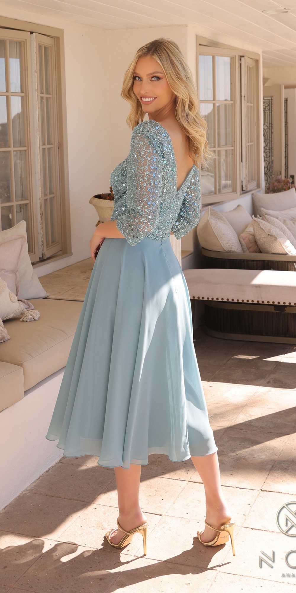 Nox Anabel MF104 Tea Length Sequin Bodice Short 3/4 Sleeve Dress