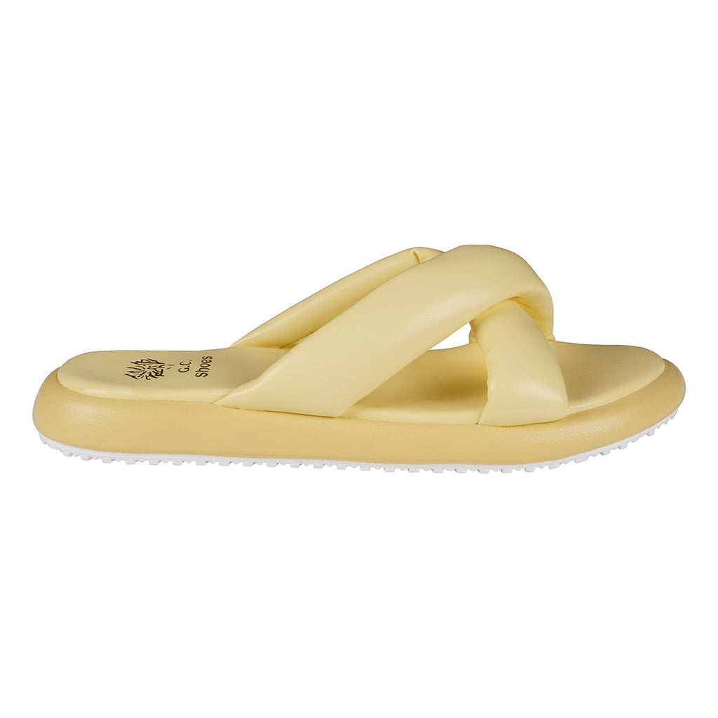 Nalani Yellow Cross-Strap Slide Flat Sandals