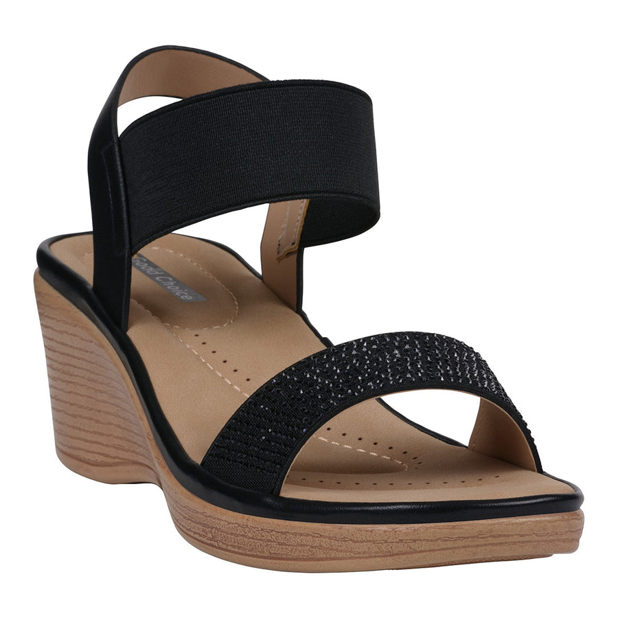 Women's Nia Black Embellished Elastic Wedge Sandals
