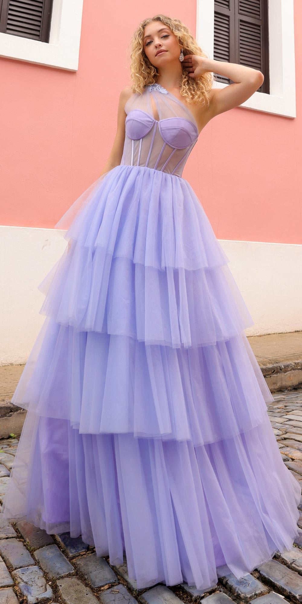 Nox Anabel P1400 Long Tiered Tulle Skirt Corset A-Line Ball Gown