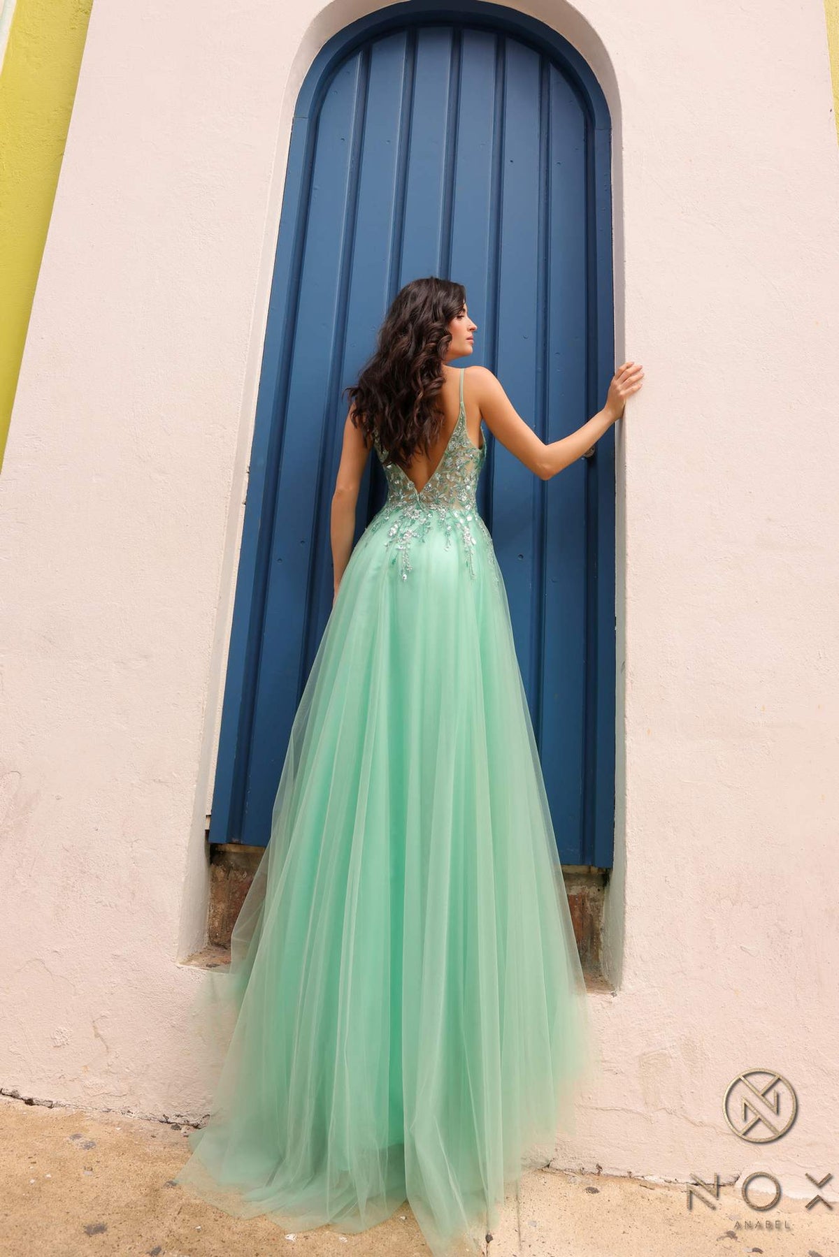 Nox Anabel Q1391 Long A-Line Sweetheart Lace Applique Tulle Gown