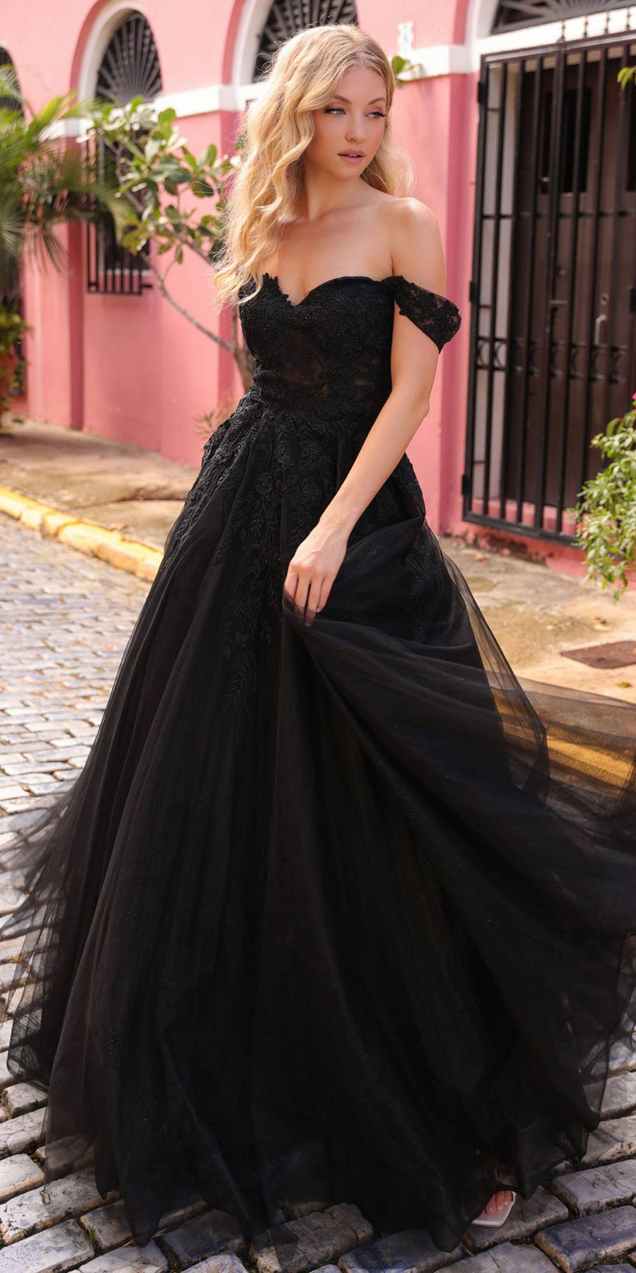 Nox Anabel R1303 Long Off the Shoulder Sweetheart Tulle A-Line Gown