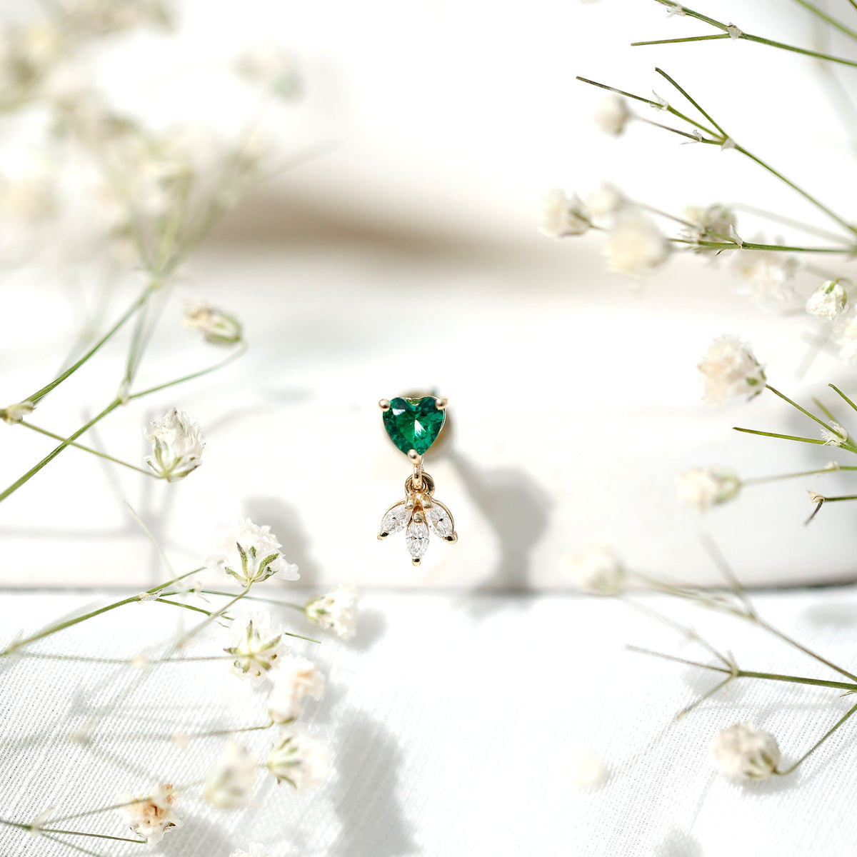 Heart Shape Lab Created Emerald and Diamond Helix Drop Earring