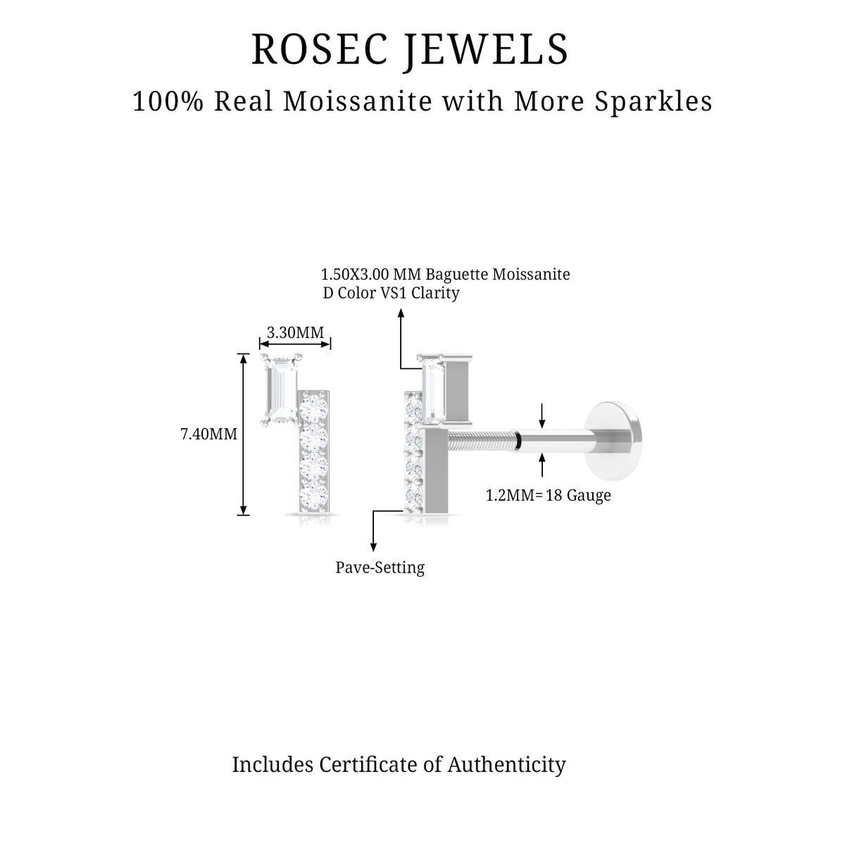 Moissanite Unique Bar Earring for Tragus Piercing