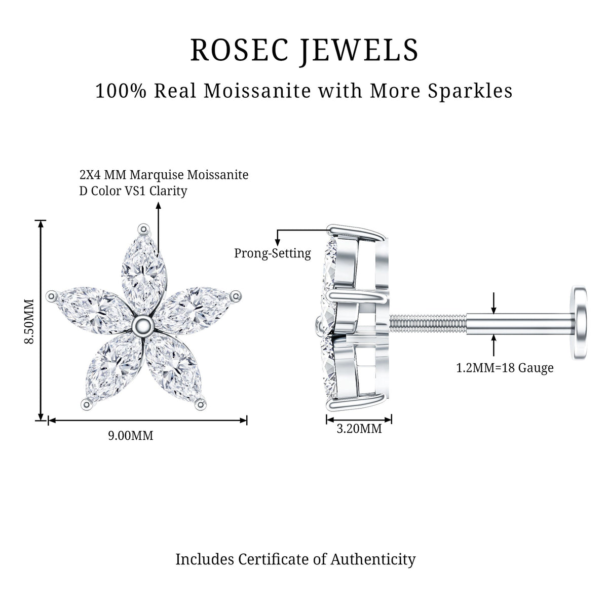 Marquise Cut Moissanite Floral Earring for Cartilage Piercing