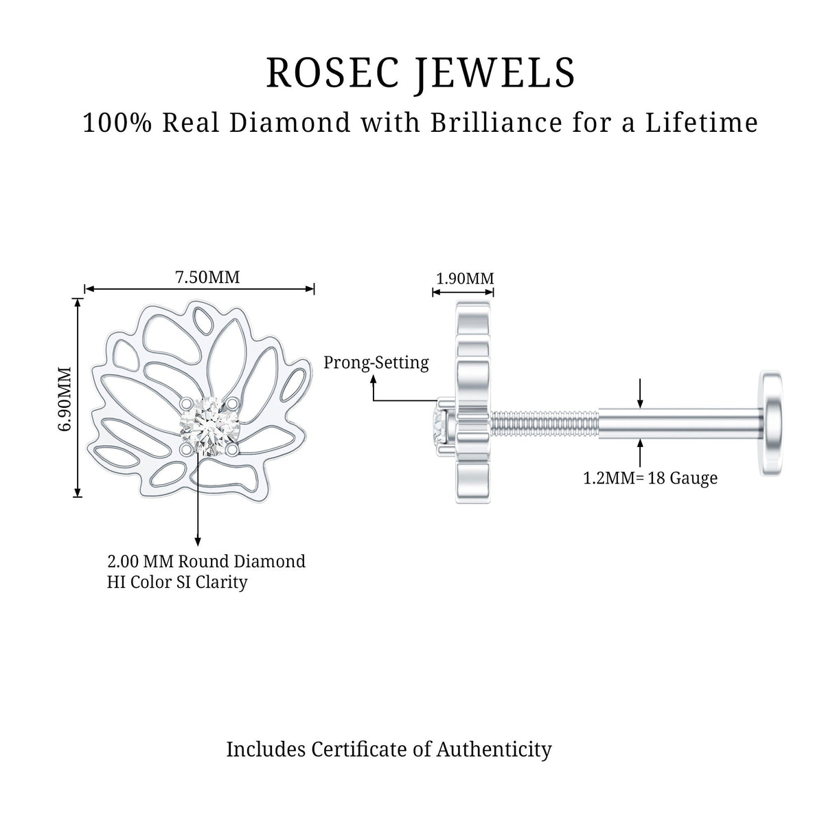 Diamond Lotus Flower Earring for Conch Piercing