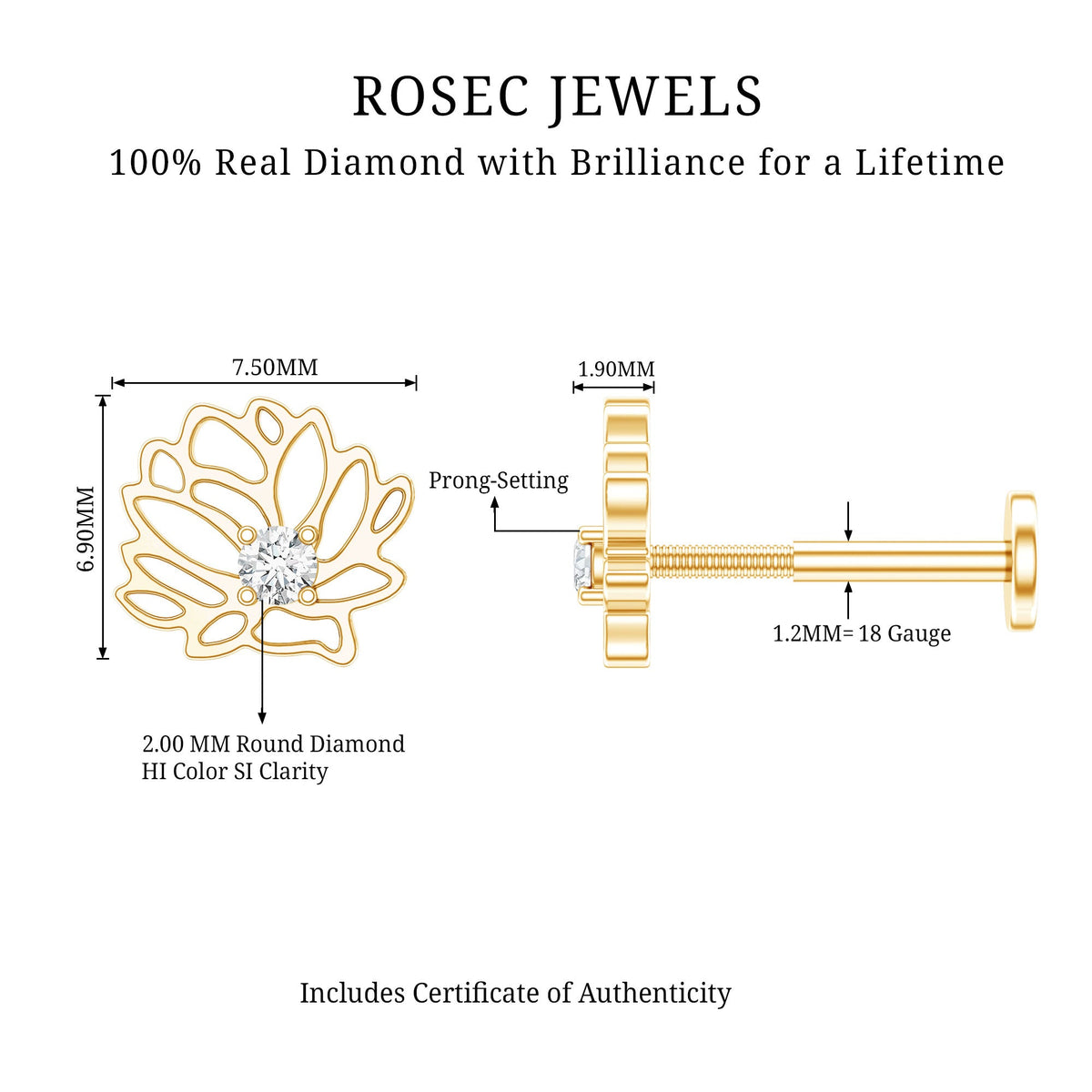 Diamond Lotus Flower Earring for Conch Piercing