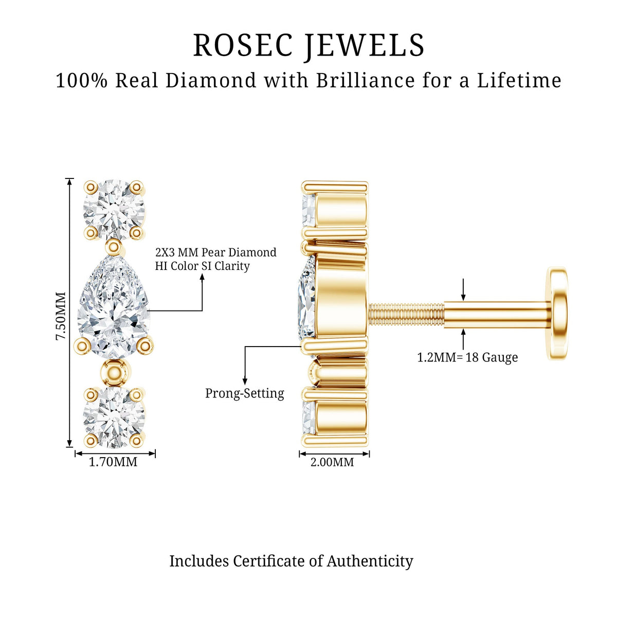 Natural Three Diamond Cartilage Earring with Flat Back
