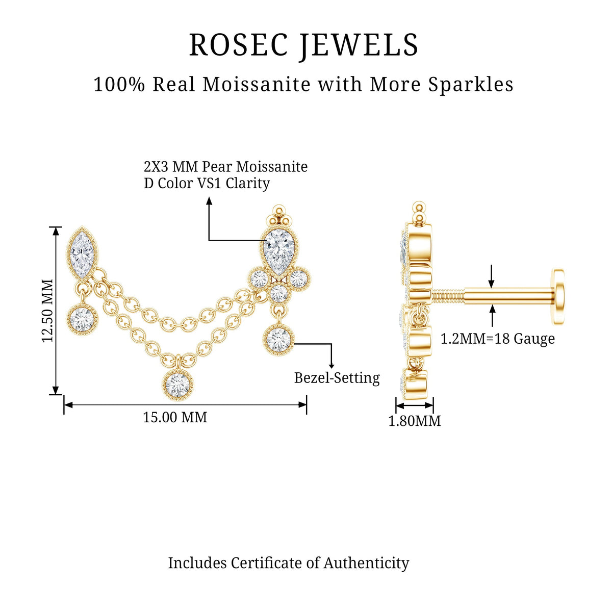 Certified Moissanite Double Chain Earring for Helix Piercing
