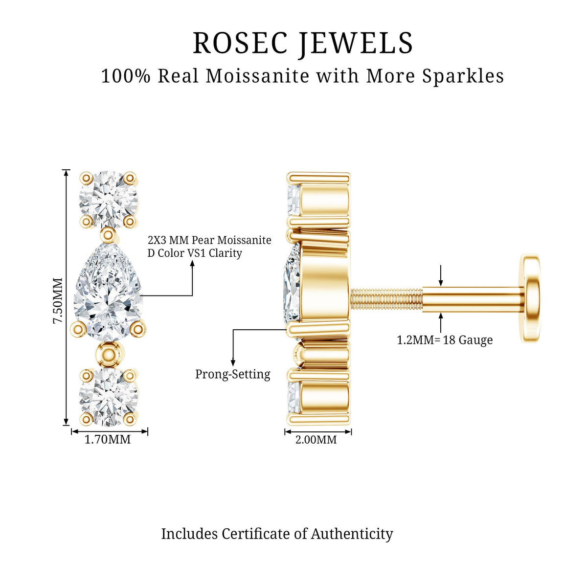 Certified Moissanite 3 Stone Tragus Earring