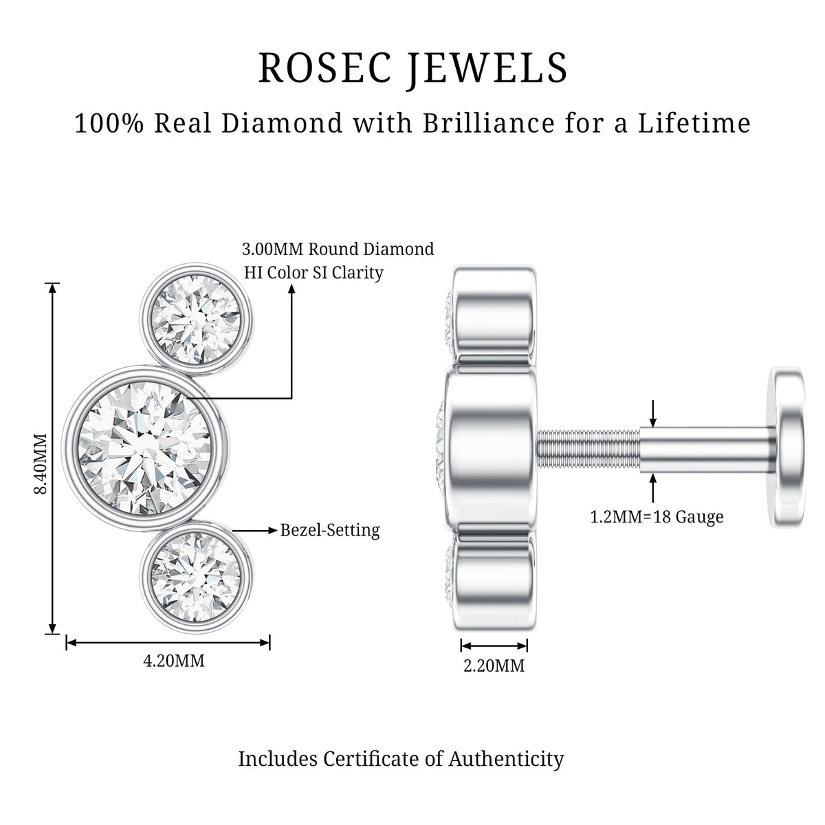 Bezel Set Diamond Three Stone Earring for Helix Piercing