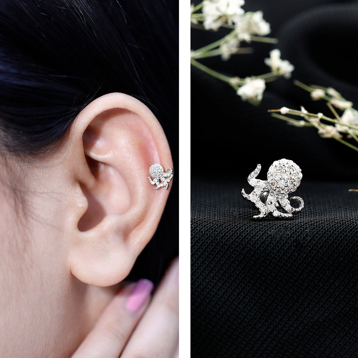 Diamond Octopus Earring with Flat Back