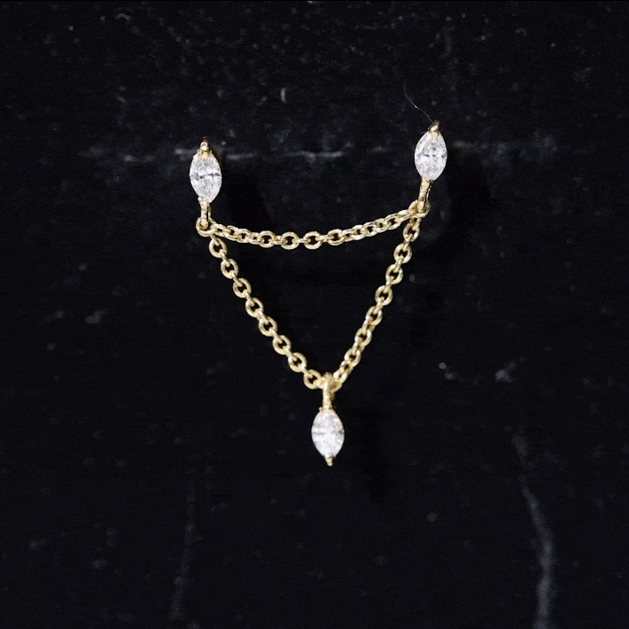 Marquise Diamond Double Piercing Earring with Dangling Chain