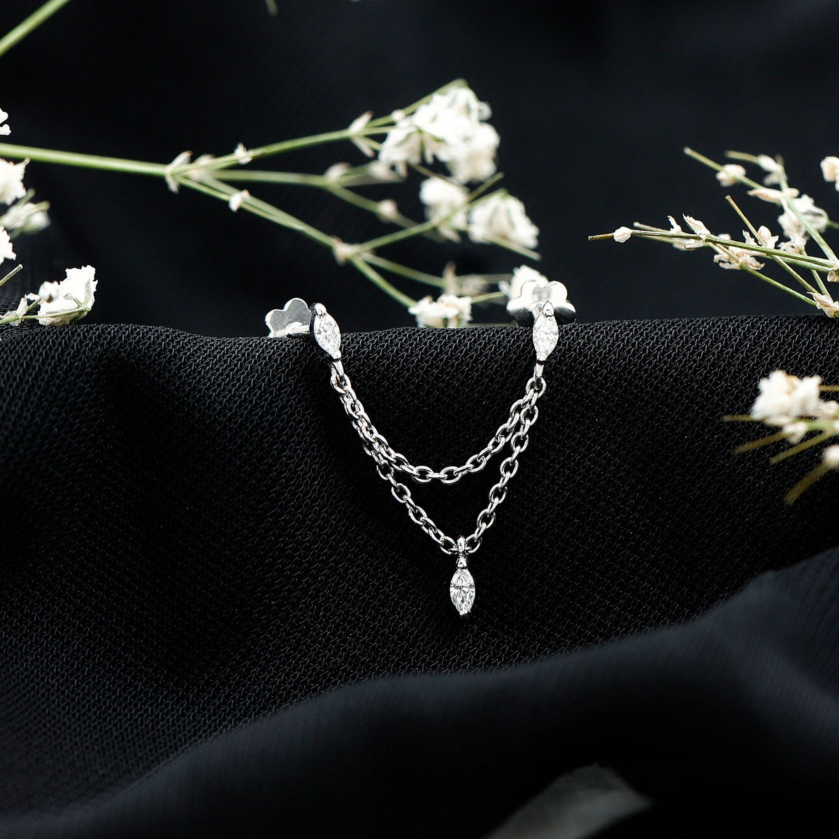 Marquise Diamond Double Piercing Earring with Dangling Chain