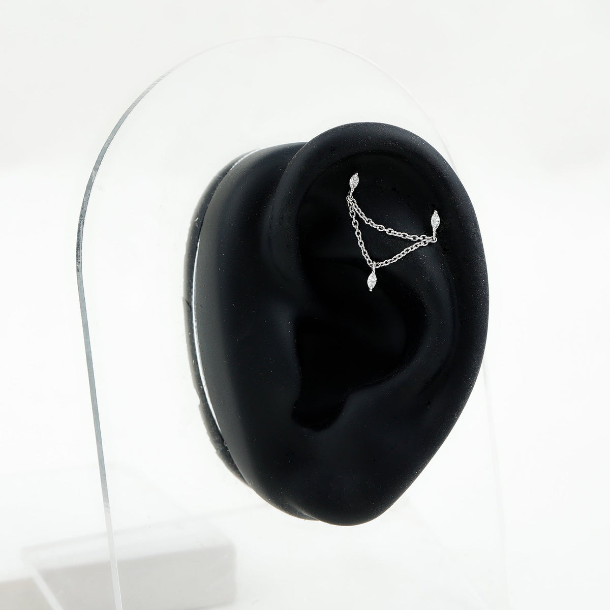 Marquise Diamond Double Piercing Earring with Dangling Chain