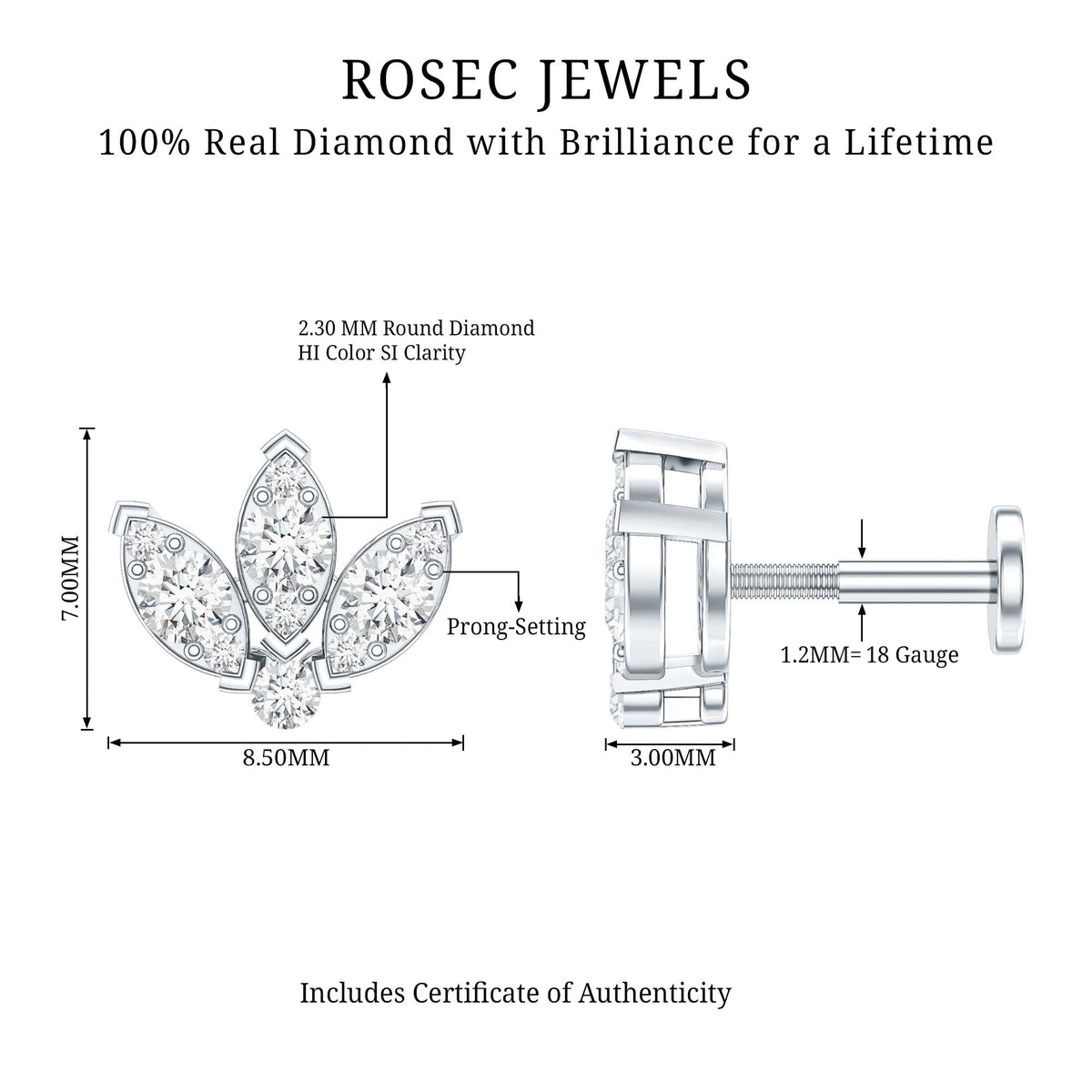 Certified Diamond Lotus Flower Earring with Flat Back