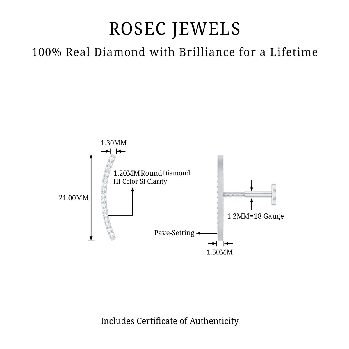 Pave Set Diamond Curved Bar Earring for Cartilage Piercing