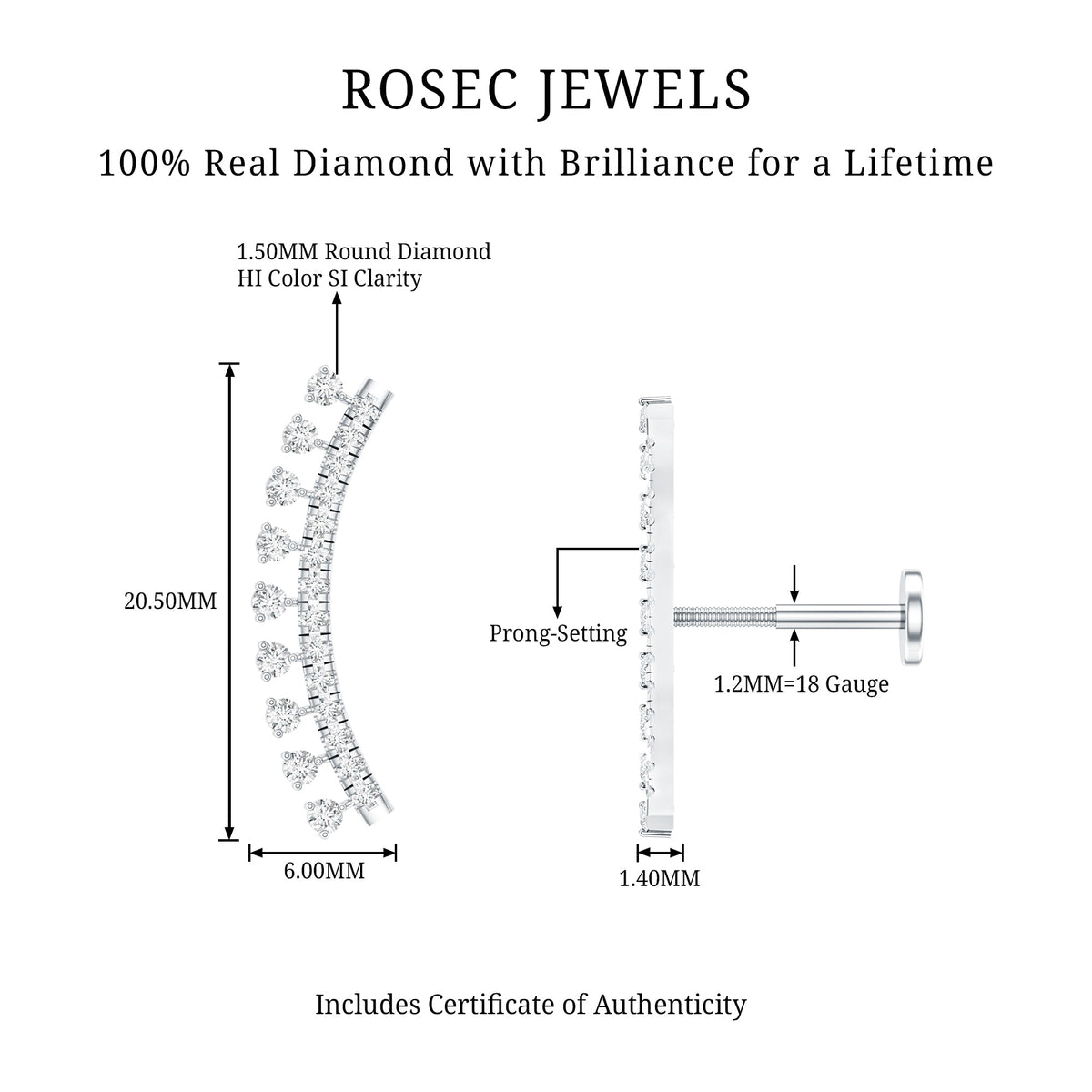 Minimal Diamond Crawler Earring for Cartilage Piercing