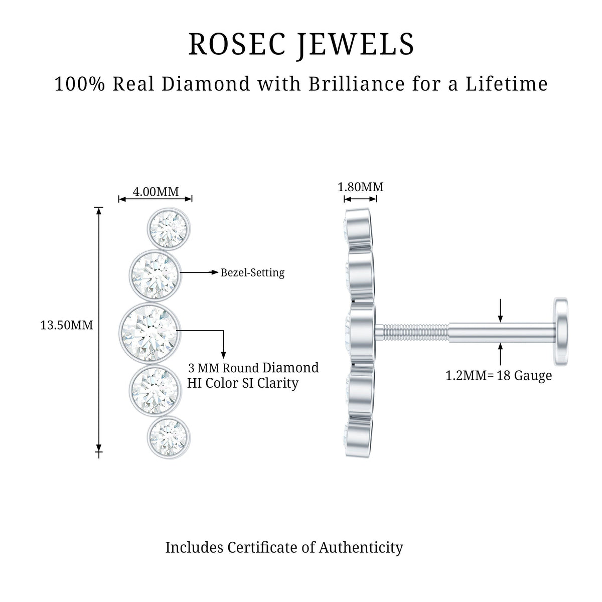 Graduated Style Diamond Crawler Earring for Helix Piercing