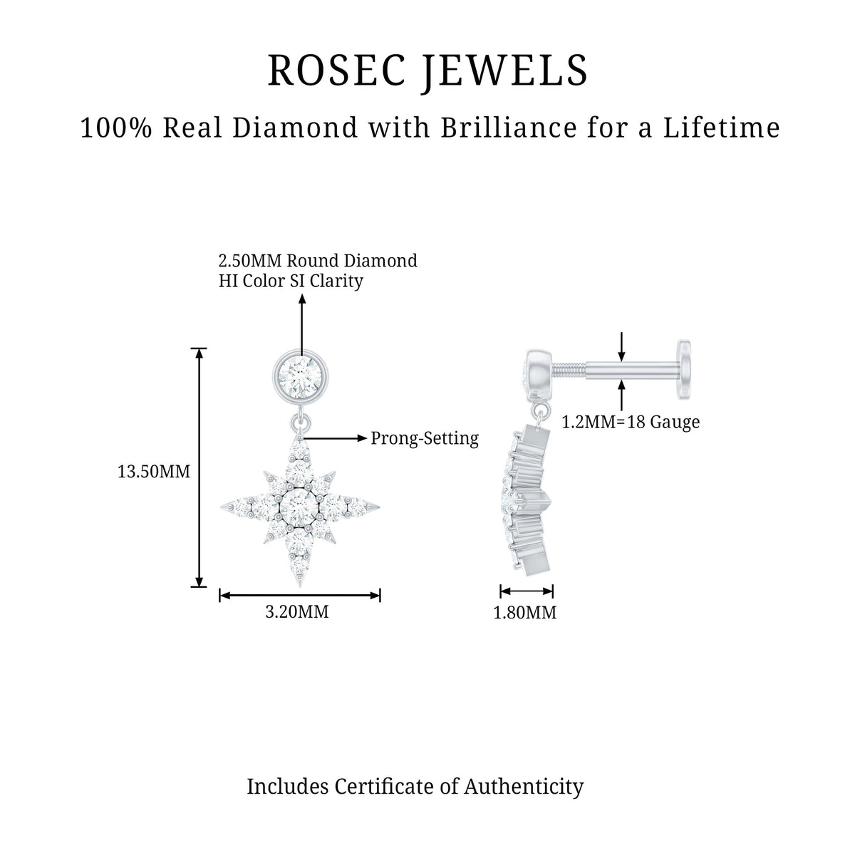 Certified Diamond Starburst Drop Earring for Helix Piercing