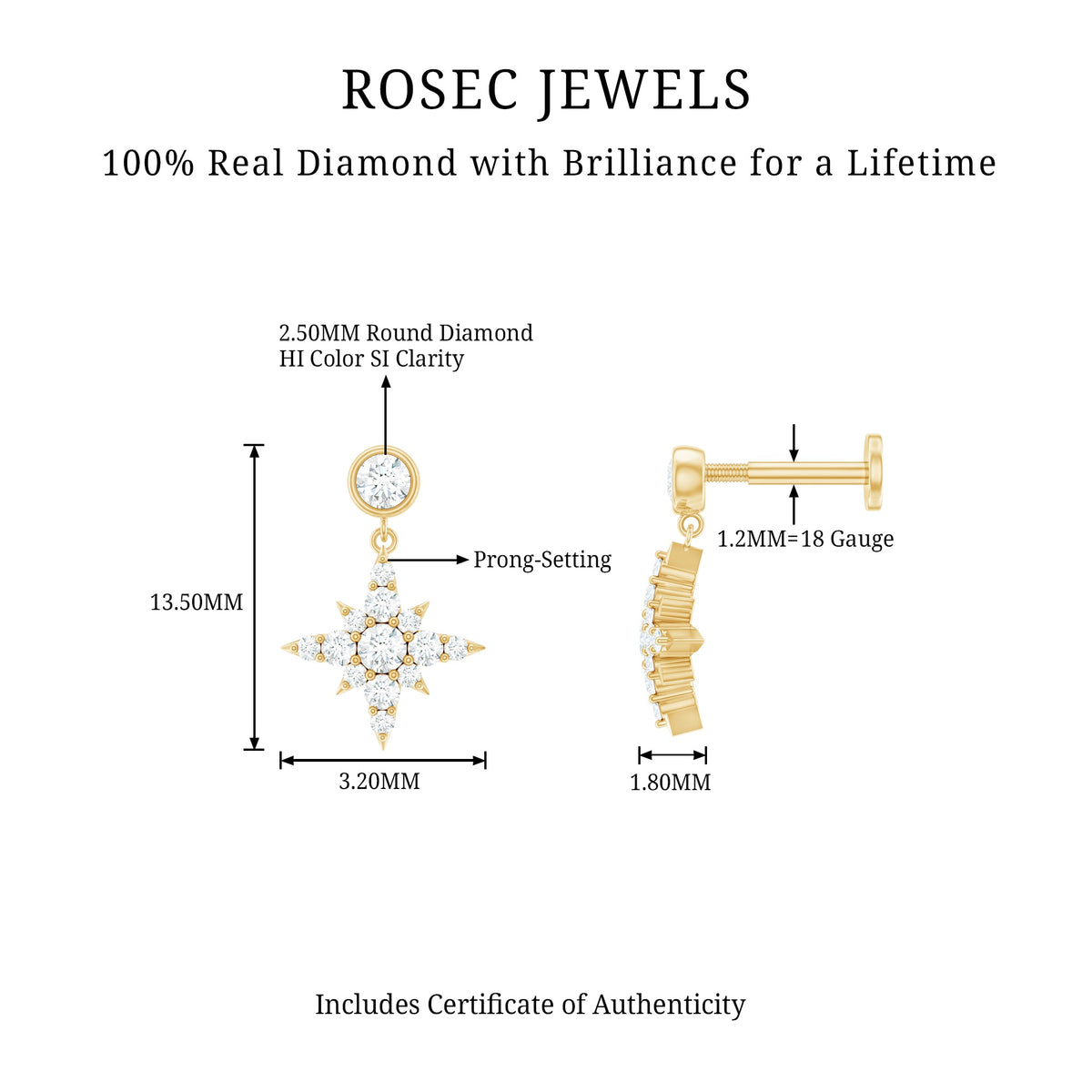 Certified Diamond Starburst Drop Earring for Helix Piercing