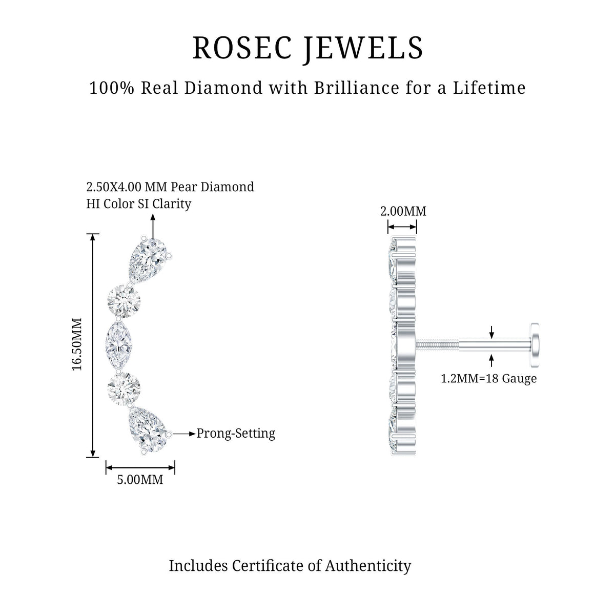 Simple Diamond Curved Crawler Earring for Helix Piercing