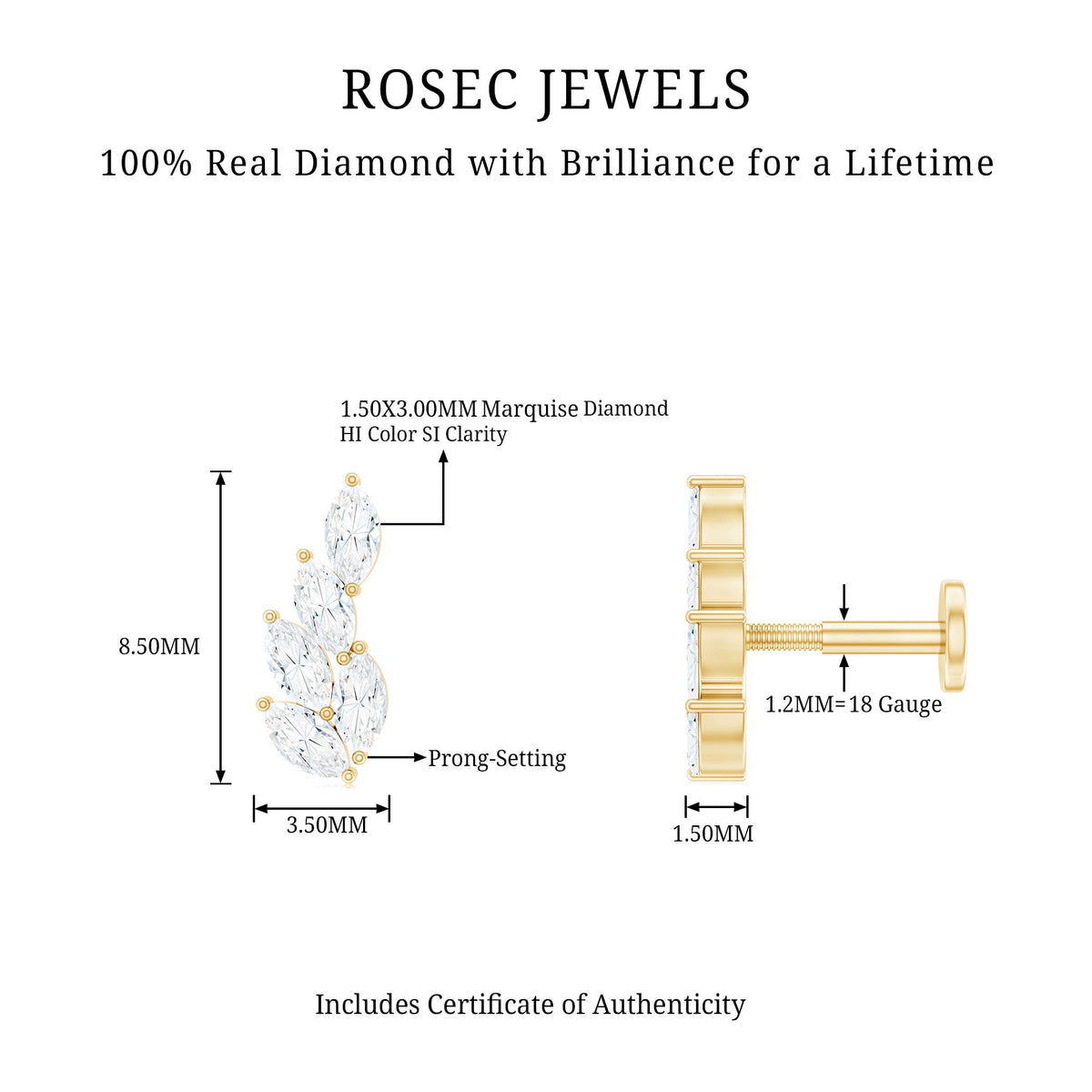 Marquise Diamond Leaf Cluster Earring for Helix Piercing