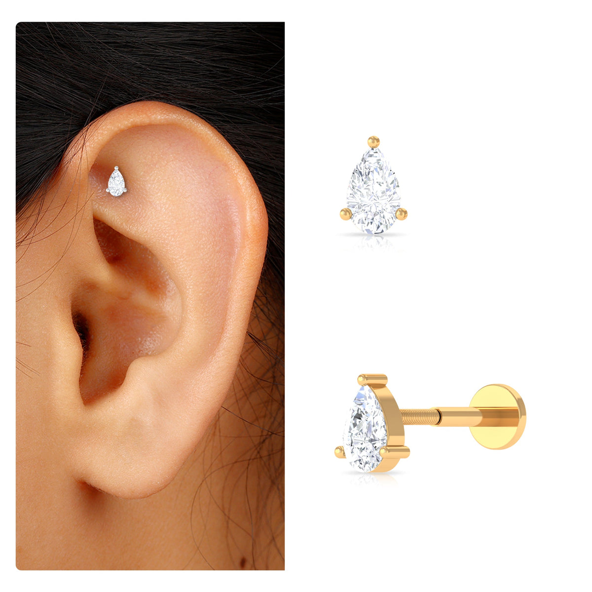 Solitaire Pear Shape Diamond Earring for Tragus Piercing