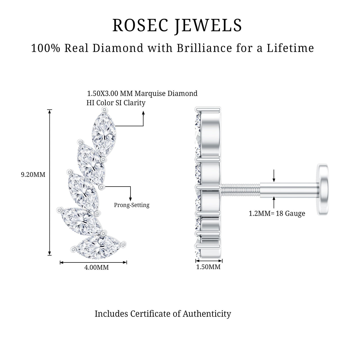 Marquise Diamond Crawler Earring for Helix Piercing