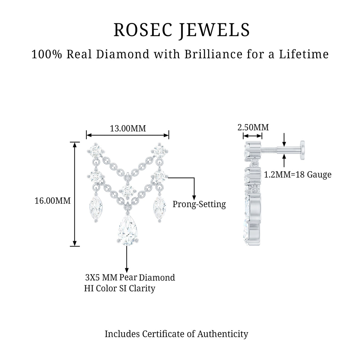 Brilliant Cut Diamond Double Chain Drop Earring for Cartilage Piercing