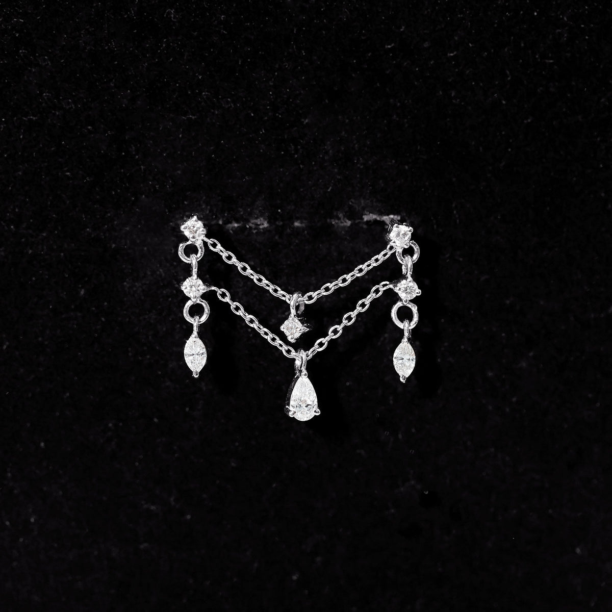 Brilliant Cut Diamond Double Chain Drop Earring for Cartilage Piercing