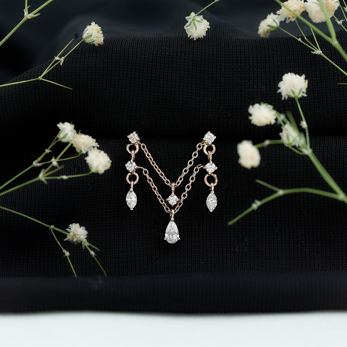 Brilliant Cut Diamond Double Chain Drop Earring for Cartilage Piercing