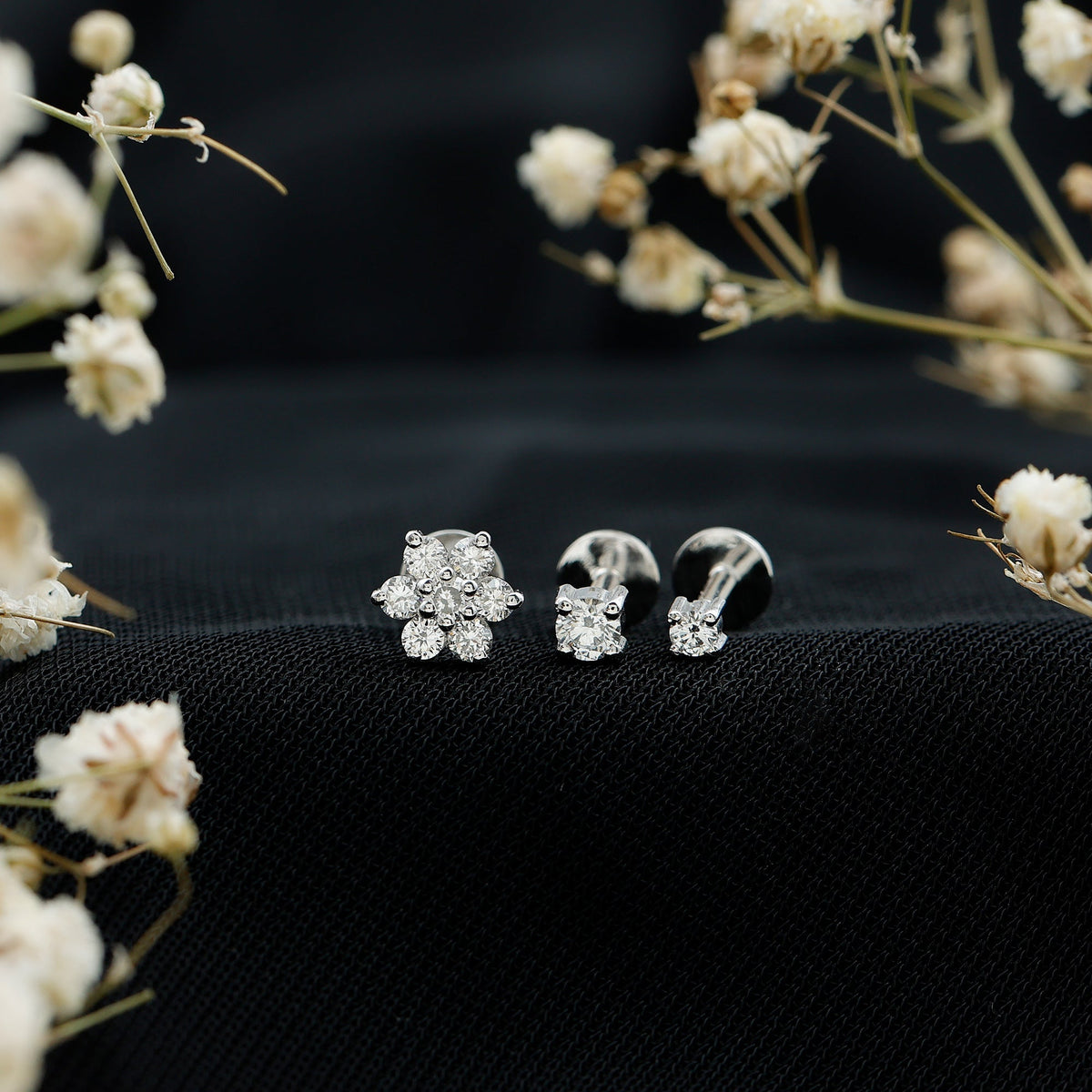 Certified Diamond Flower Helix Earring Set of 3